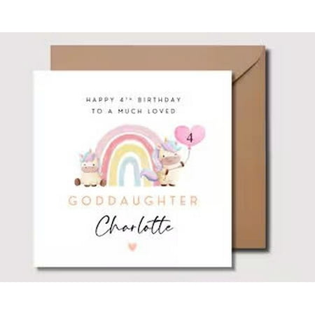 Personalized 4th Birthday Card for Goddaughter – Cute Unicorn and Rainbow Design – Customizable Name – Envelope Included – Perfect Gift for Celebrating Special Moments Personalized 4th Birthday Card for Goddaughter – Cute Unicorn and Rainbow Design – Customizable Name – Envelope Included – Perfect Gift for Celebrating Special Moments