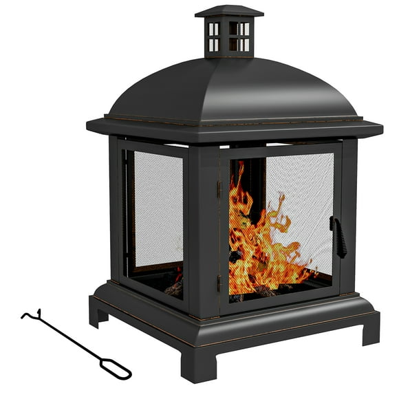 Outsunny 26" Fire Pit with Poker, Chimney Style Wood Burning Firepit, Black