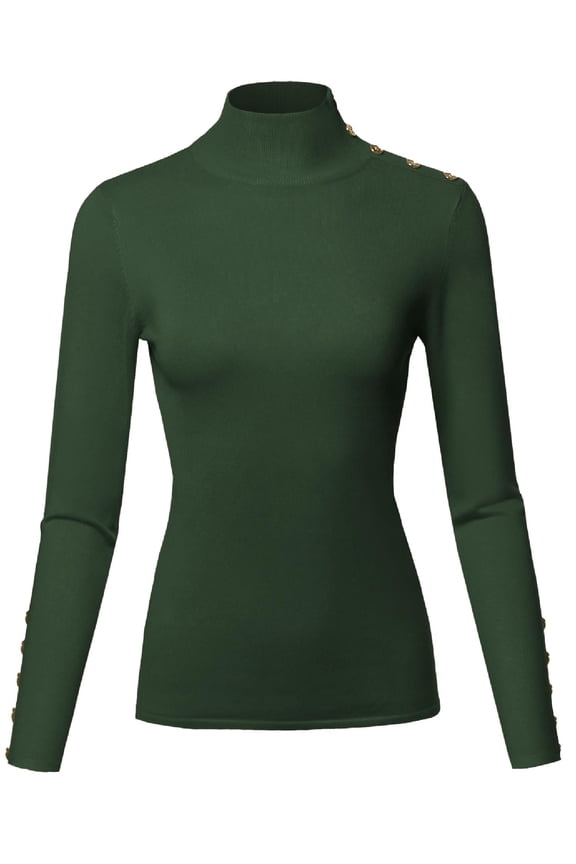 Women's Casual Basic Gold Button Detail Soft Long Sleeve Mock Neck Knit Sweater