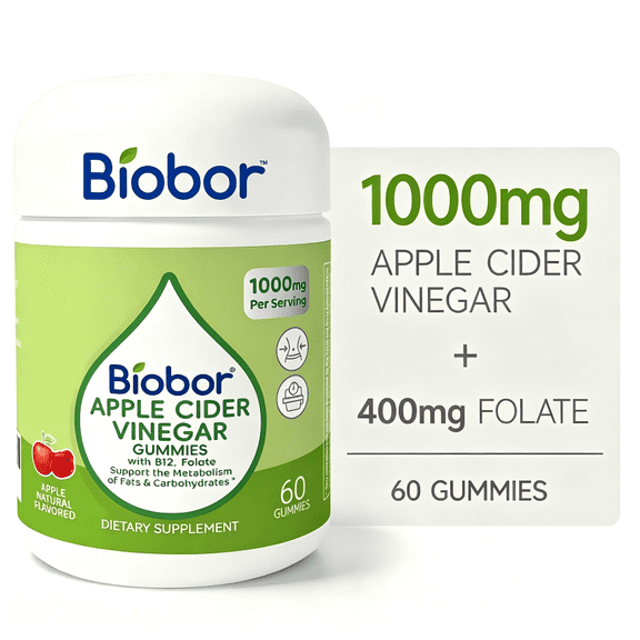 Biobor Apple Cider Vinegar Gummies, 1000mg ACV with 400mg Folate & Vitamin B12, No Sugar Added, 60 Count