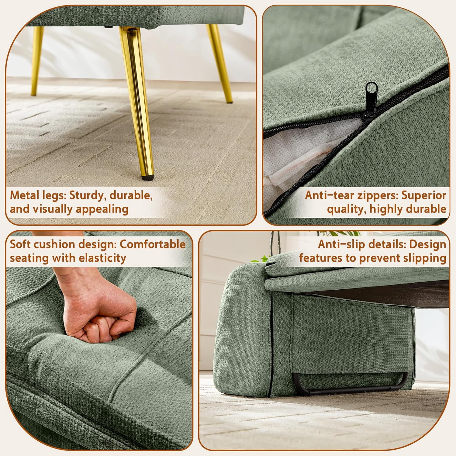 Akaber 3-in-1 Futon Sofa Bed, Chenille Sleeper Chair with Back Support & Pillow, Wood Frame, Metal Legs