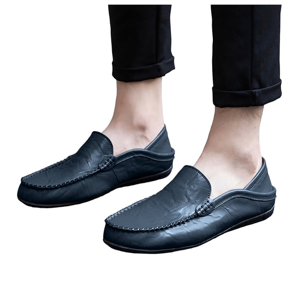 Men's Leather Flat Dressy Shoes Wide Width Dricing Boat Shoes Casual Slip on Moccasins Penny Loafers for Daily Walking Blue Size 6.5