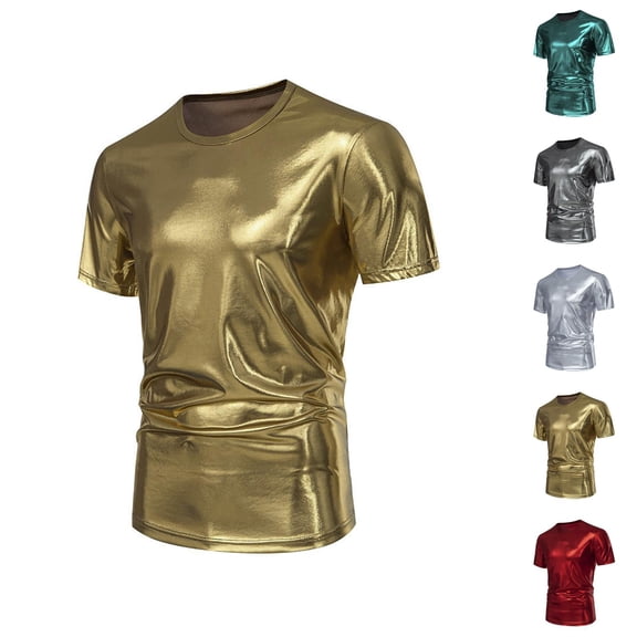 Shiny Metallic Shirt for Men Short Sleeve Crewneck Metallic Wet Look Tshirts 70s Disco Party Clubwear
