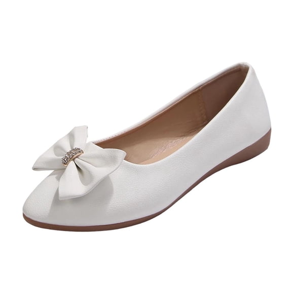 White Women'S Rhinestone Bowknot Flat Loafers Slip On Casual Soft Sole Breathable Lightweight Non Slip Comfortable Indoor Outdoor