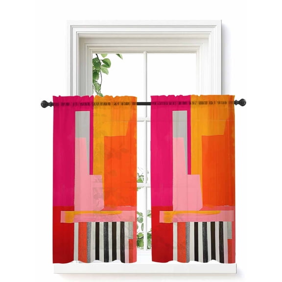 Pink Orange Curtains 45 Inch Length, Sheer Curtains for Bedroom Living Room Window Geometric Modern Abstract Oil Painting Rod Pocket Voile Drapes Kitchen Curtains Small Half Window 42"x45" 2 Panels
