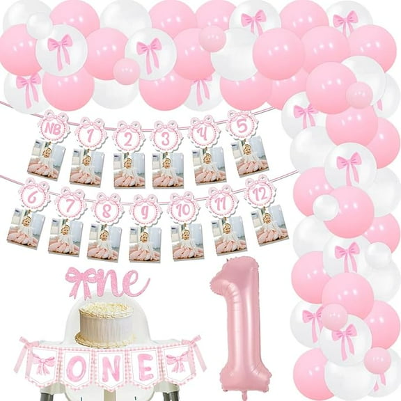 Pink Bow 1st Birthday Party Decorations Pink Bow Balloon Arch Kit Bowknot Happy Birthday Banner Photo Banner Cake Topper Cupcake Topper High Chair Banner for Girls First Birthday Party Supplies