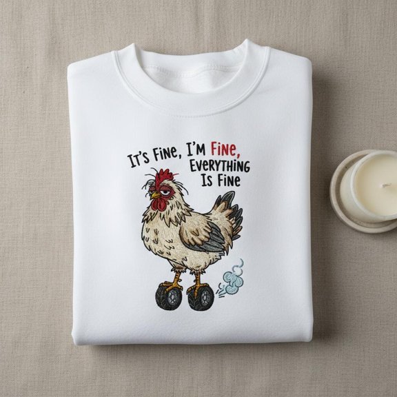 Racing Chicken Embroidered Sweatshirt, It's Fine I'm Fine Everything is Fine, Funny Farm Animal Gift, Chicken with Wheels Top