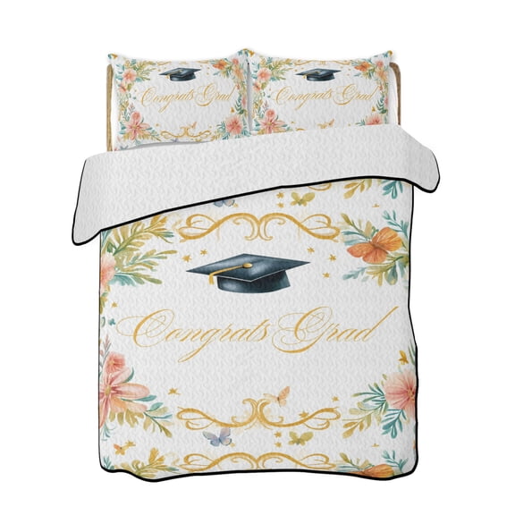 Full Size Quilt Bedding Set, Congratulations Graduations Reversible Summer Quilt 3 Pieces, Farmhouse Botanical Flowers Lightweight Bedspreads Coverlets with 2 Pillow Shams for All Seasons