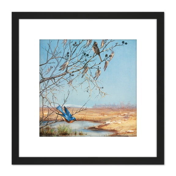 Bridges March Birds Landscape Painting 8X8 Inch Square Wooden Framed Wall Art Print Picture with Mount