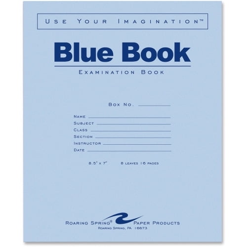 Stapled Wide Ruled W/Margin 6 sheets/12 pages of 15# Smooth White Paper Case of 1000 Exam Books Heavy Blue Cover 8.5x7 