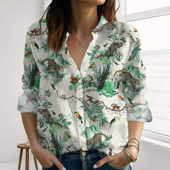 Tropical Jungle Animal Linen-Look Shirt, Leopard and Toucan Women Shirt, Green Forest Casual Shirt For Summer, Blouses Top For Her, Button Up Shirt, Blouses Tops Women, Gift for Mother
