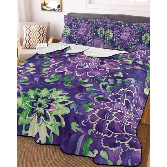 Purple Green Flowers Twin Size Down Alternative Comforter, Lightweight Comforter Quilt Bedding Set with Pillow Shams Watercolor Vintage Botanical All Seasons Bed Comforter Duvet Insert 68"x86"