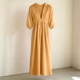 thumbnail image 3 of Ohufall Womens Cotton Linen Dress 3/4 Sleeve V Neck High Waist Dresses Turndown Collar Fashion Maxi Dress, 3 of 4