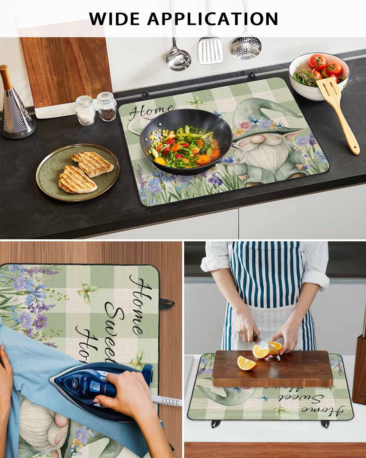 nqOlkjepod Large Induction Cooktop Protector Mat 31"x24", Rustic Gnome Stove Top Covers for Electric Stove, Spring Flowers Butterfly Green Check Stove Burner Cover Mats, Glass Top Stove Cover