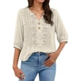 thumbnail image 4 of TRUBKH Embroidered Tops for Women Peasant Blouses for Women Floral Embroidered Short Sleeve V Ncek Boho Tops for Women Gauze Blouse Flowy Tunics Blouses V Neck Shirts Tunic Boho Tops Beige L, 4 of 7