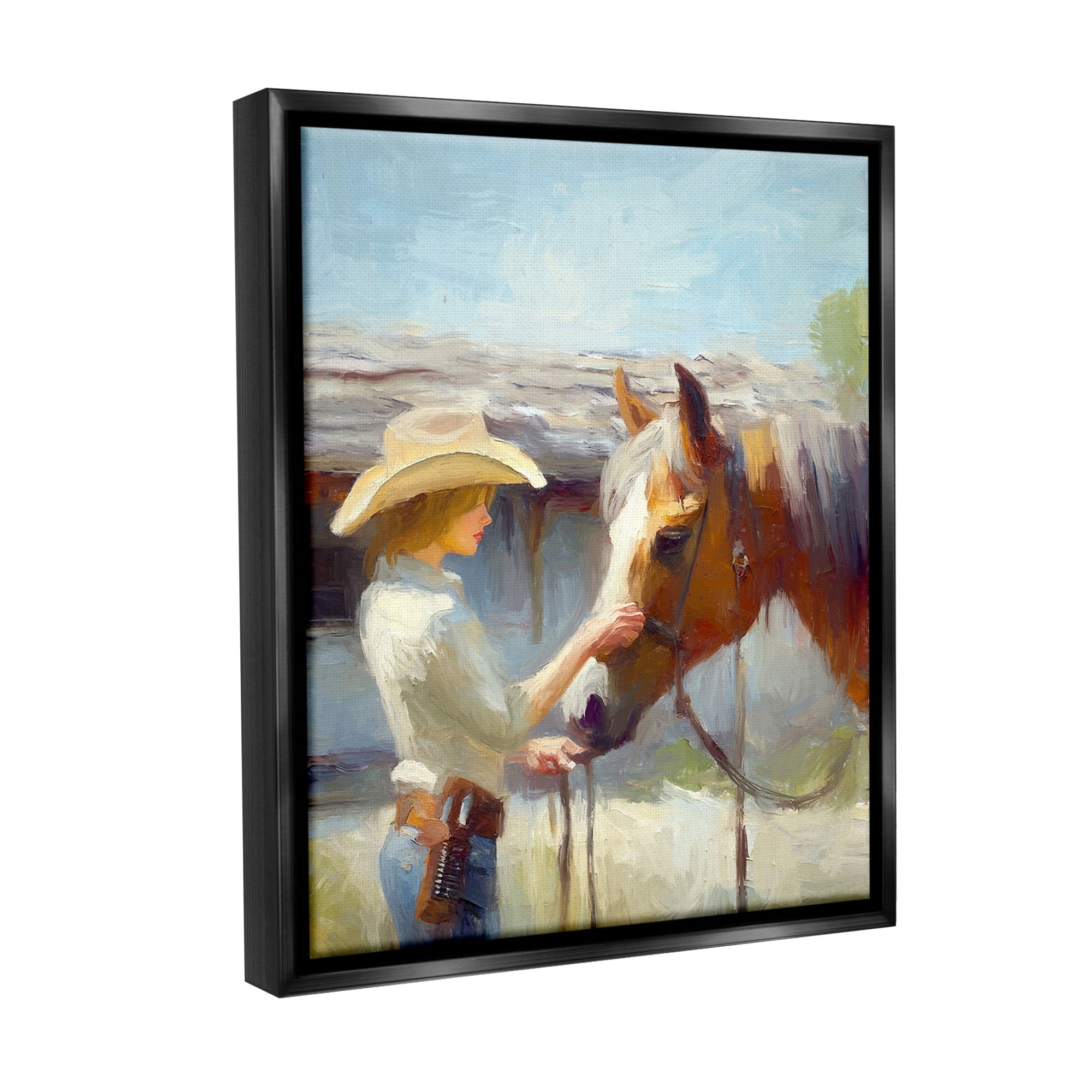 Stupell Industries Girl Caring For Horse Animals & Insects Painting Black Floater Framed Canvas Art Print Wall Art, 25 x 31