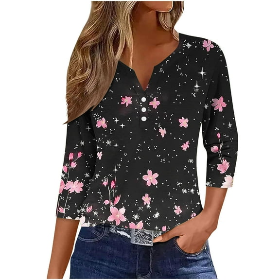 3/4 Sleeve Shirts for Women's Fashion Printed Short 3/4 Sleeve Blouse Round Neck Casual