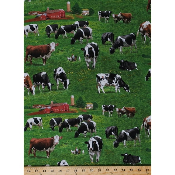 Cotton Cows Holstein Cattle Guernsey Scenic Fields Barns Country Farmhouses Farmers Dairy Farm Animals Green Cotton Fabric Print by the Yard (337-Green)