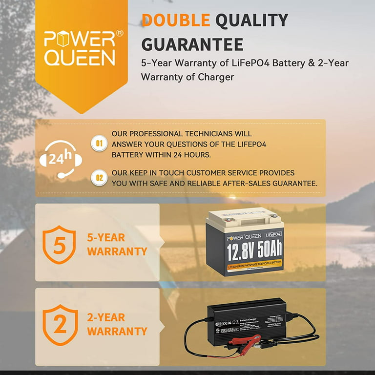 Power Queen 12V 50Ah Deep Cycle LiFePO4 Lithium Battery with 14.6V 10A  Charger for RV, Camper, Trailer 