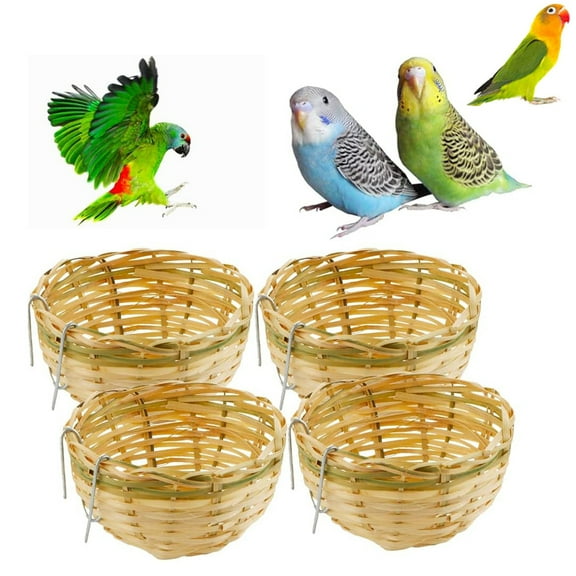 Tutuviw 4 Pcs Small Bird Bamboo Nest with Metal Hook,Hand Woven Bamboo Bird Nest Cages,Cozy Canary Birds Nest Hand Woven Bird Nest,Bird Hatching Breeding Hanging Cave