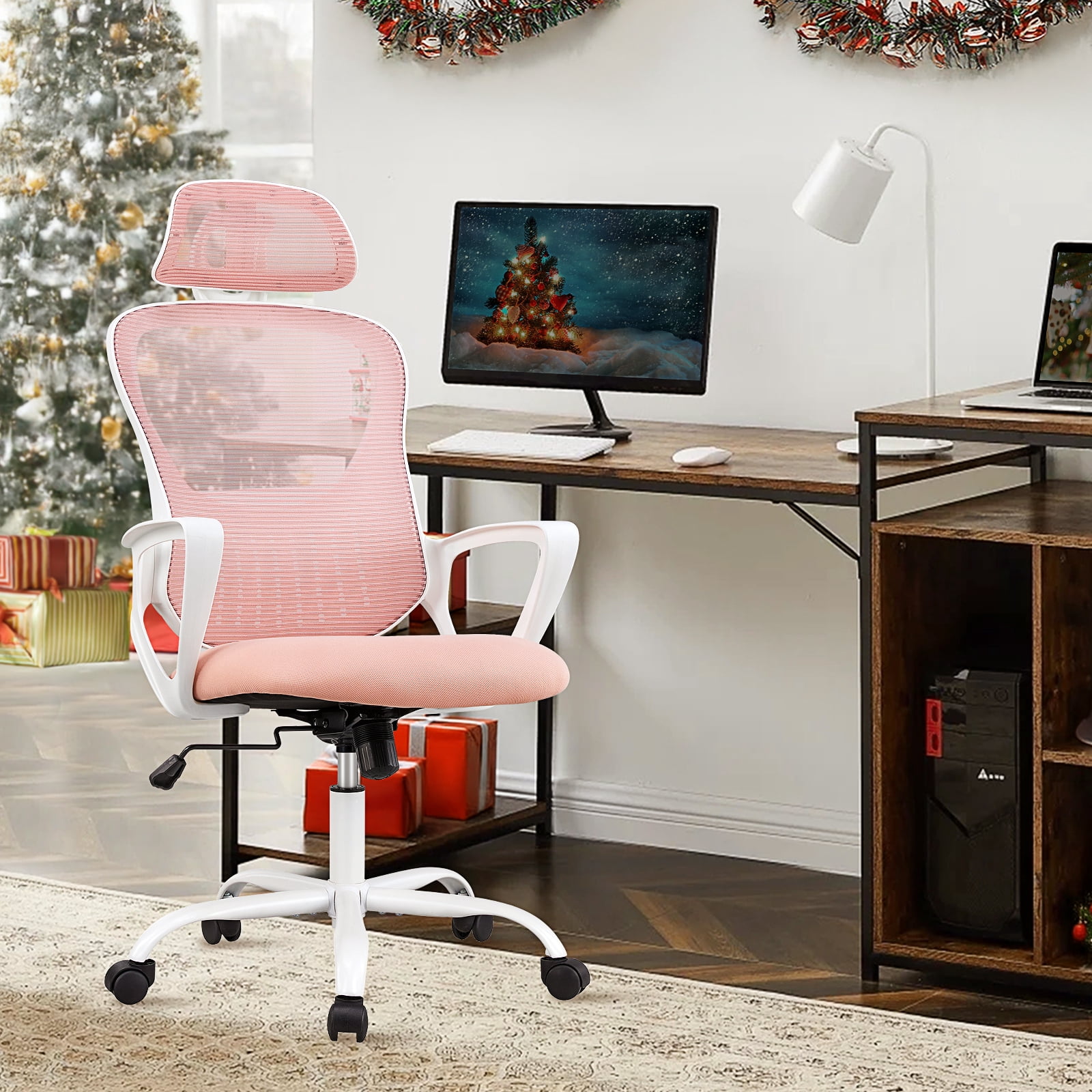 CONCETTA Ergonomic Office Chair, High Back Mesh Computer Swivel Chair with Adjustable Headrest, Pink