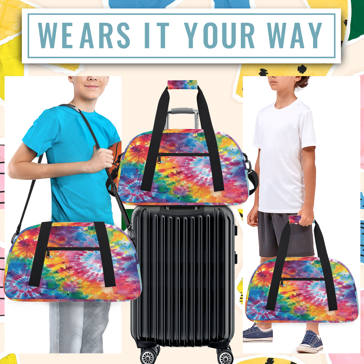 Herdesigns Tie Dye Sports Duffle Bag for Women & Men, Colorful Gym Bag Dance Bag Overnight Bag Carry On Weekender Travel Bag