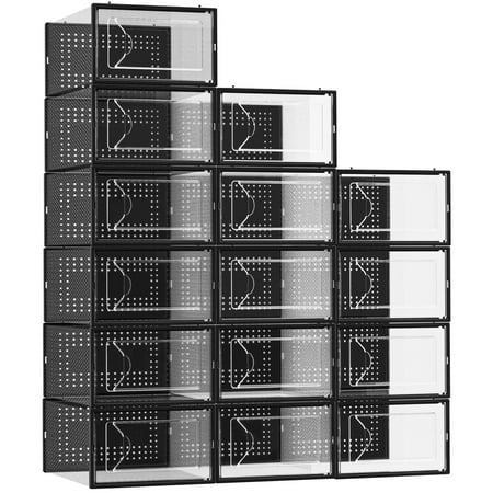 foluck 15 pack shoe storage box clear plastic stackable shoe organizer for closet shoe container bins for sneakers foldable shoe rack with lids black