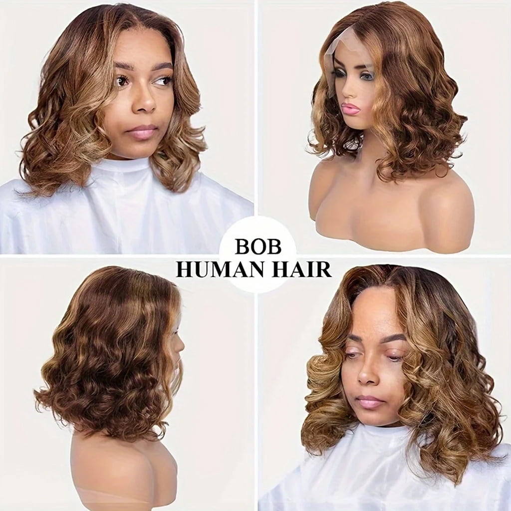 SUCS Short Bob Body Wave Lace Front Wigs Human Hair For Women Highlight Ombre Blonde Brown 13x6x1 T Part Hd Transparency Lace