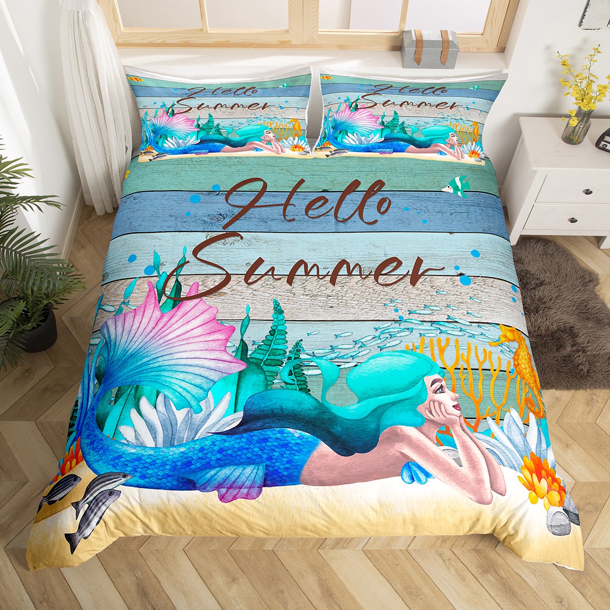 YST Hello Summer Duvet Cover Twin Cute Mermaid Bedding Set for Girl