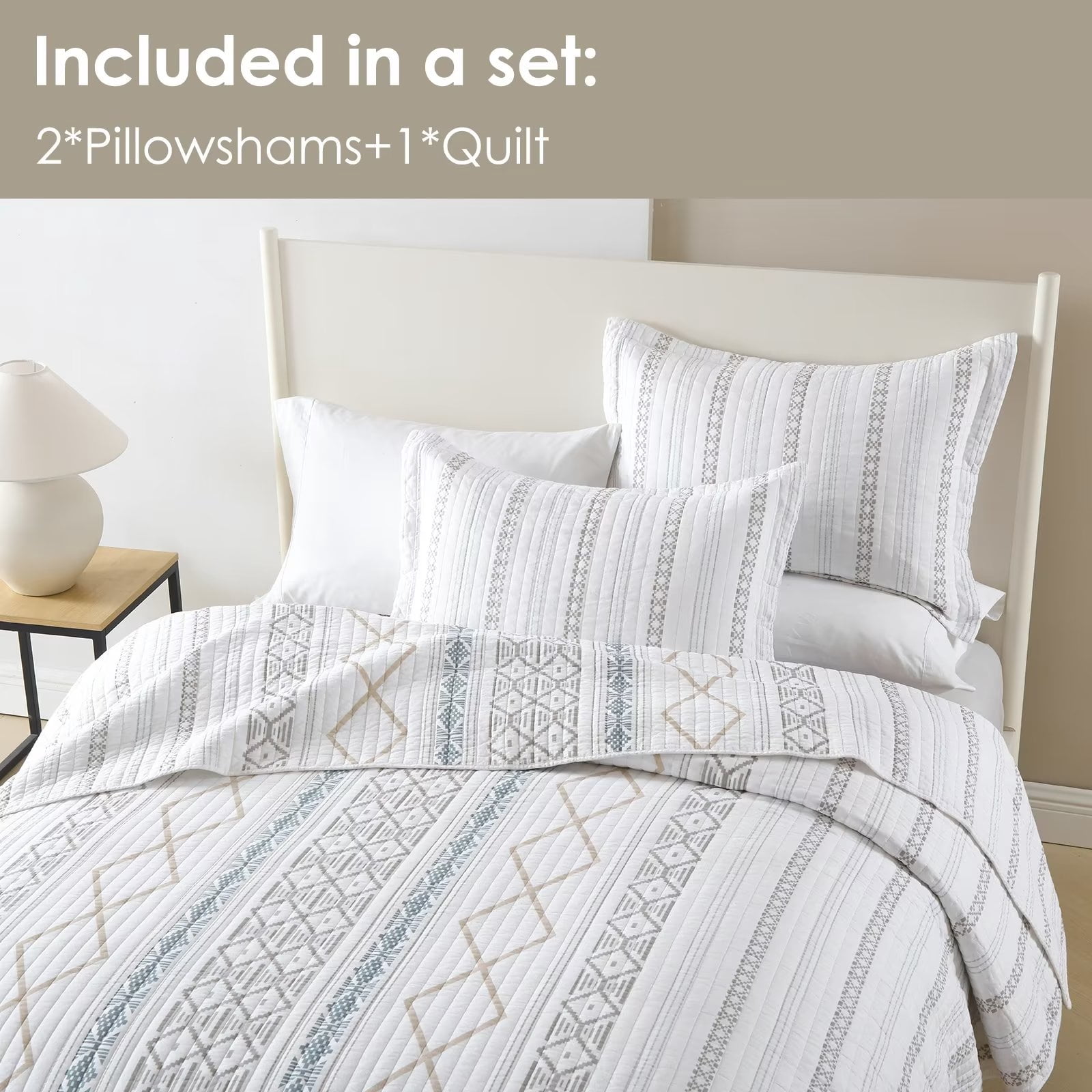 Bedduvit Boho Queen Size Quilt Set - 100% Cotton Beige & Gray & White Geometric Striped Bohemian Queen Quilt Bedspread - Breathable Soft Lightweight Coverlet in Bedding Set for All Season (98"x90")