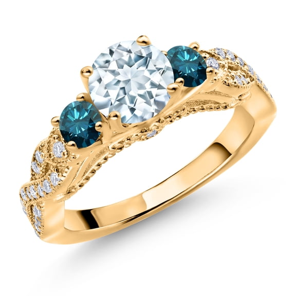 Gem Stone King 18K Yellow Gold Plated Silver Sky Blue Aquamarine Blue Diamond and White Moissanite Engagement Ring for Women (1.22 Cttw, Gemstone March Birthstone, Round 6MM and 3MM, Size 8)