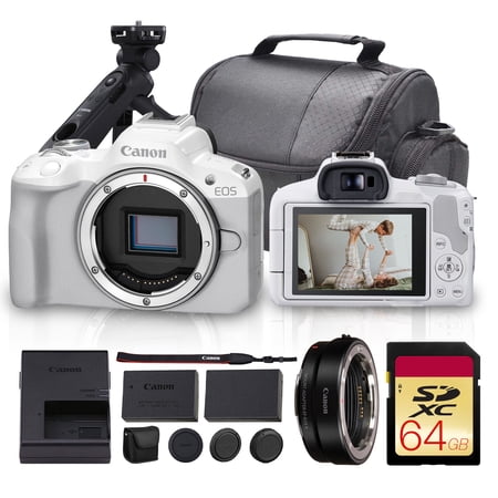 Canon EOS R50 Mirrorless Camera (White) Bundle | 24.2MP APS-C Sensor Dual Pixel CMOS AF II & 4K Video Recording | Great for Travel & Content (5812C002) + HG-100TBR Tripod + Adapter EF-EOS R + More