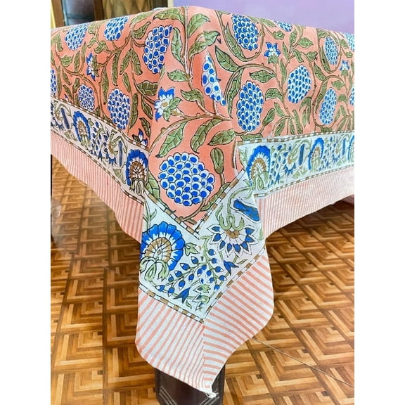 New Era Creation Salmon Pink, Green,Delft Blue Indian Hand Block Printed Tablecloth,Table Cover,Farmhouse Decor,Linen Set,Wedding Tablecloth