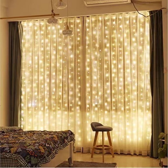 300 LED Curtain String Lights,fairy lights,9.8x9.8Ft USB Plug-in 8 Modes Christmas String Hanging Lights,twinkle lights for bedroom Window Chrismas Wedding Party, Warm White