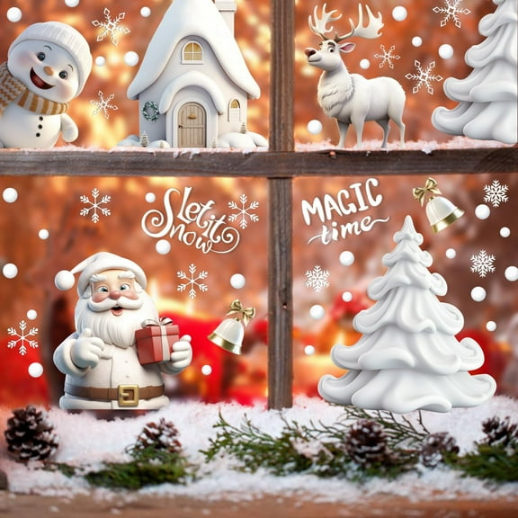 Christmas Window Stickers, 3D Xmas Window Decals White Christmas Window Clings Double Sided for Christmas Window Decorations(8 Sheets)
