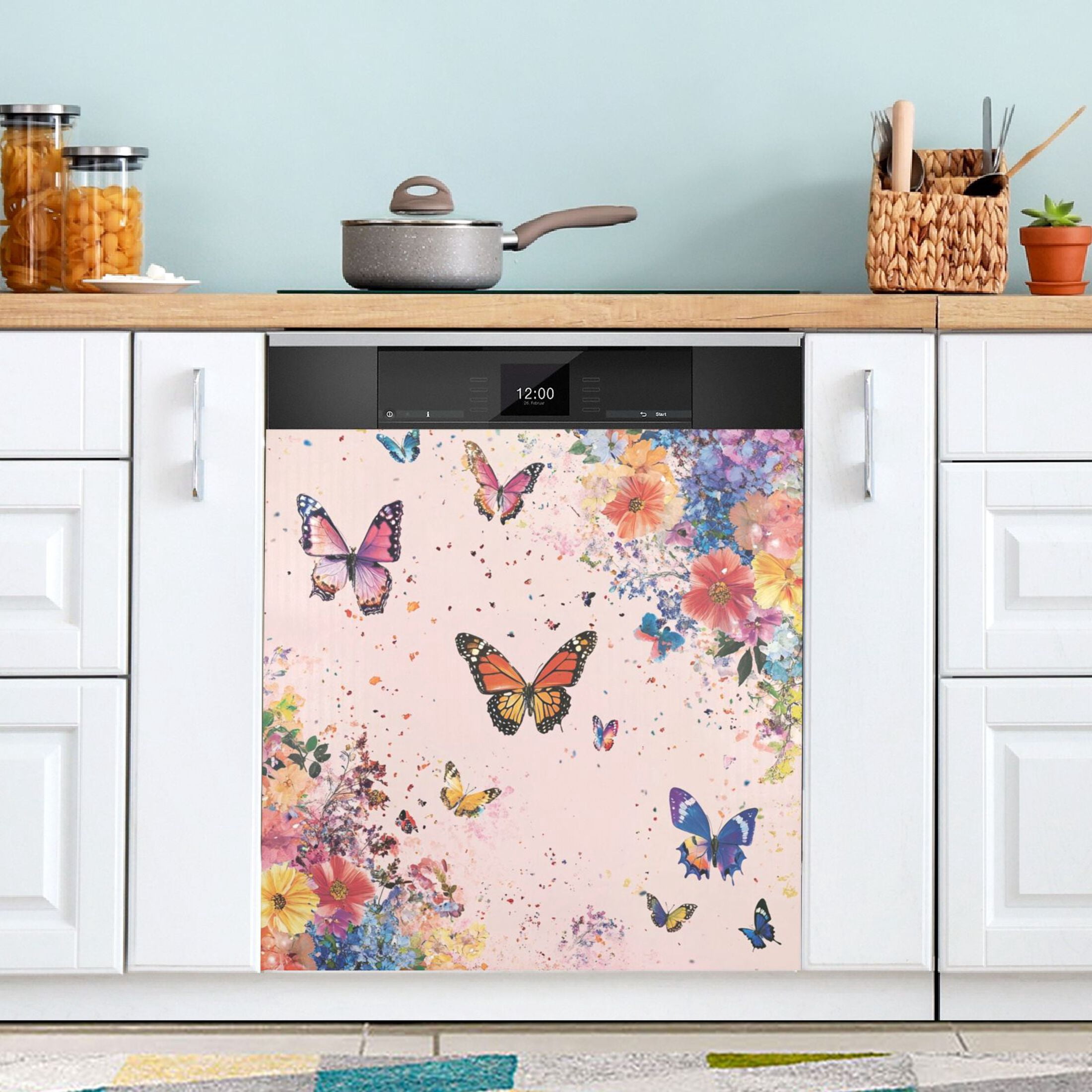 Dishwasher Magnetic Sticker 23x26 Inch Refrigerator Magnetic Sticker Washing Machine Magnetic Sticker Kitchen Panel Magnetic Sticker Home Decor Pink Flowers and Butterflies