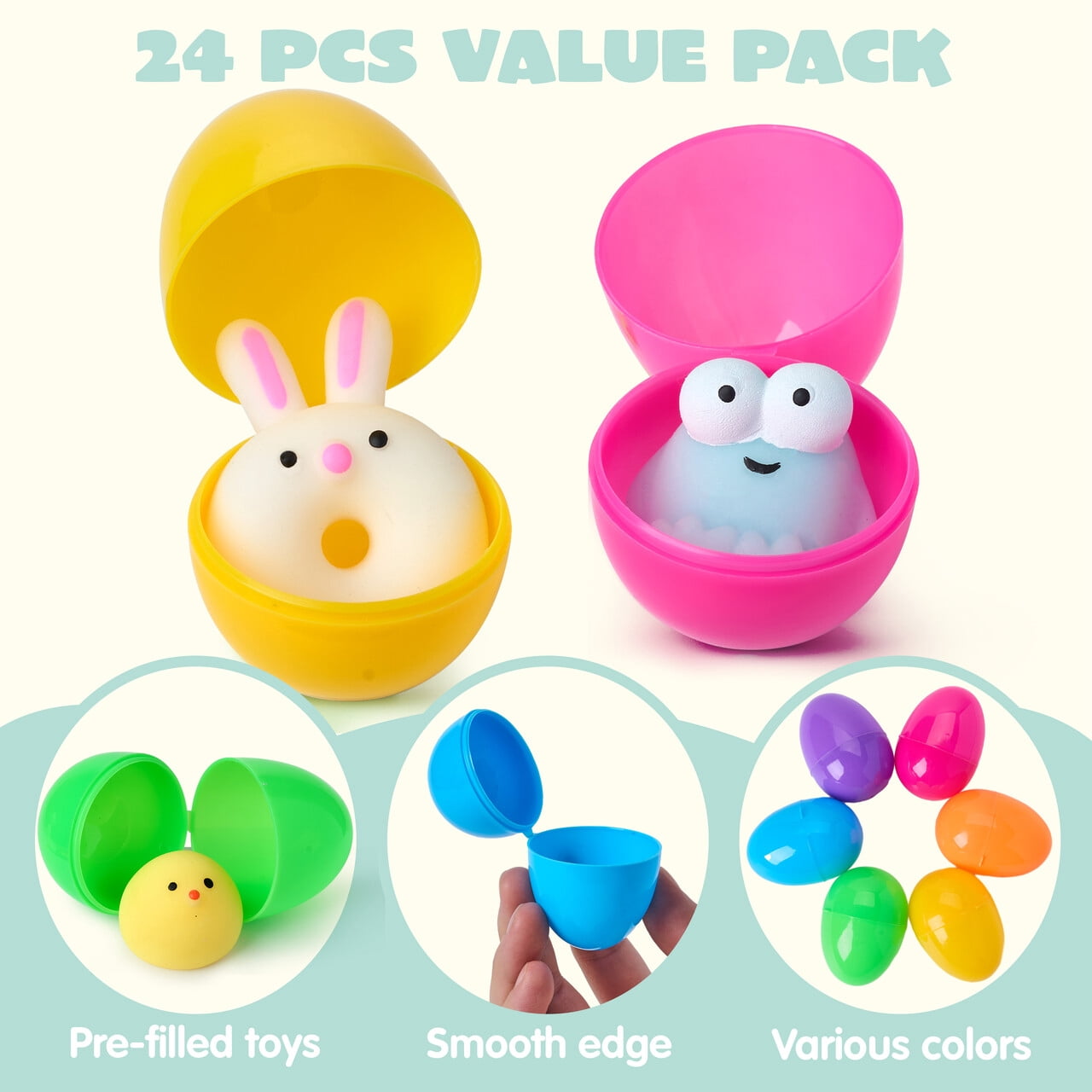 Joyfy 24 Pack Prefilled Easter Eggs with Toys,Mochi Squishy Small Toys for Easter Eggs,Stuffed Easter Baskets for Toddler Kids