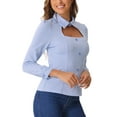 thumbnail image 4 of INSPIRE CHIC Women Houndstooth Print Choker Neck Puff Long Sleeve Elegant Casual Blouse Top L Light Blue, 4 of 6