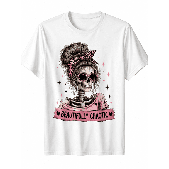 Women's Pink Bow & Skull Print T-Shirt - Short Sleeve Round Neck Casual Blouse Top with Heart Bow Skull, Machine Washable Spring Summer Casual Attire Suitable for Holidays,, and Layering Outfits
