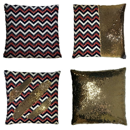 Navy Blue And White Decor GCKG Dark Blue Red and White Star Chevron Reversible Mermaid Sequin Pillow Case Home Decor Cushion Cover 16x16 inches ()