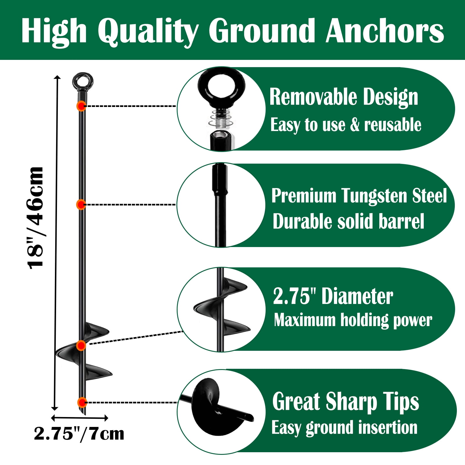 18 inch Ground Anchors Srew in Heavy Duty, Earth Shed Anchor Kit, Trampoline Stake Hook for Dirt, Swing Sets, Playset, Tent, Canopy, Carport, Mobile Home Tie Down, 6 Pack