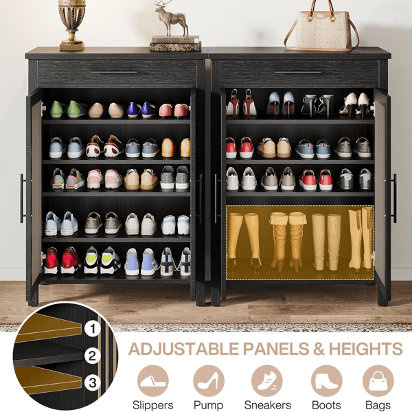 Entryway Shoe Cabinet with 5 Storage Tiers & Large Drawer, 2 Louvered Door Organizer Holds 20 Pairs, Farmhouse Style MDF Construction w/ Anti-Tip