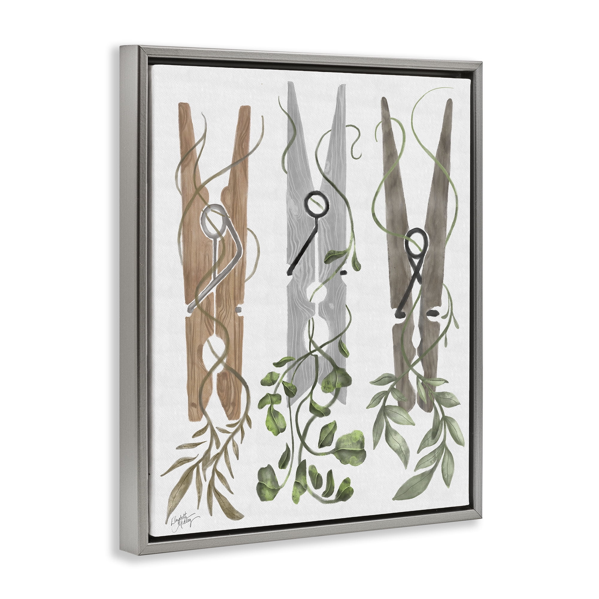Stupell Industries Ivy Wrapped Clothespins Gray Framed Floater Canvas Wall Art, design by Elizabeth Medley