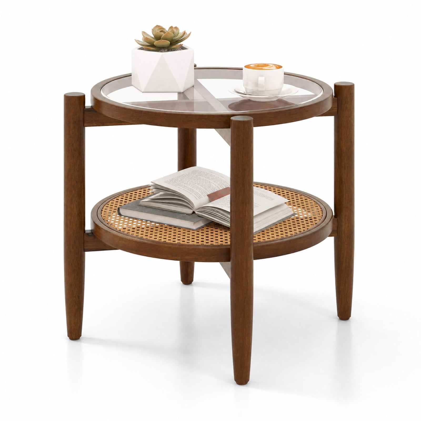 Furnibear Rattan Round Side End Table with Tempered Glass Tabletop and 2 Tier Acacia Wood Legs for Living Room Bedroom and Sofa Side, Walnut
