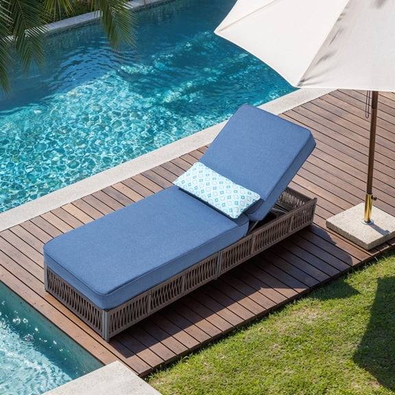 PARKWELL Outdoor Chaise Lounge Chair, Wicker Reclining Chair with Steel Frame, 5-Position Backrest, 5" Thick Cushions and Lumbar Support for Patio or Poolside, Brown/Navy