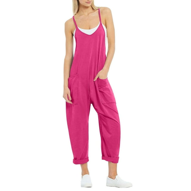 TrendOFT Jumpsuits For Women Casual Summer Solid Loose Pocket Spaghetti Strap Wide Leg Womens Overalls Rompers Hot Pink S
