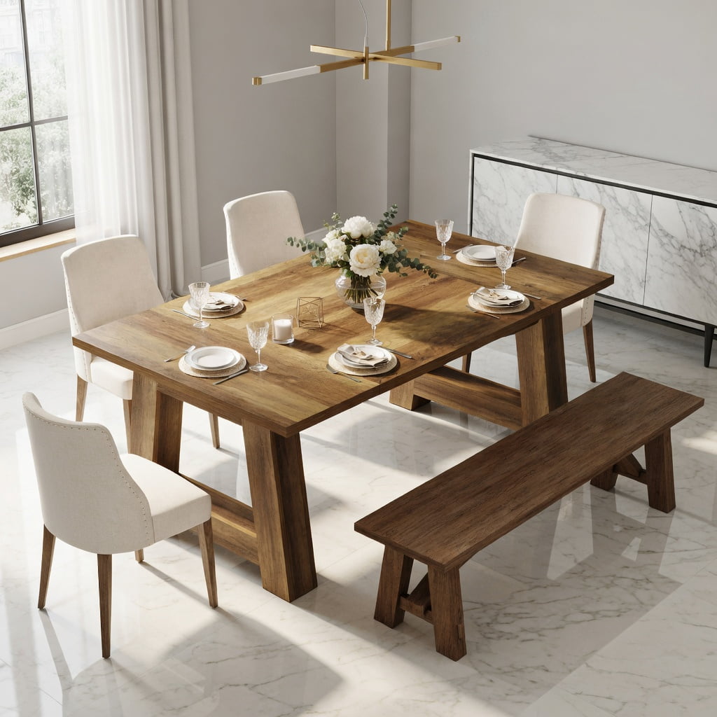 Hommoo Farmhouse Dining Table 62.6 Inch Wide for 4-6 People, Solid MDF Kitchen Table with Sturdy Square Legs, Easy Assembly, Brown