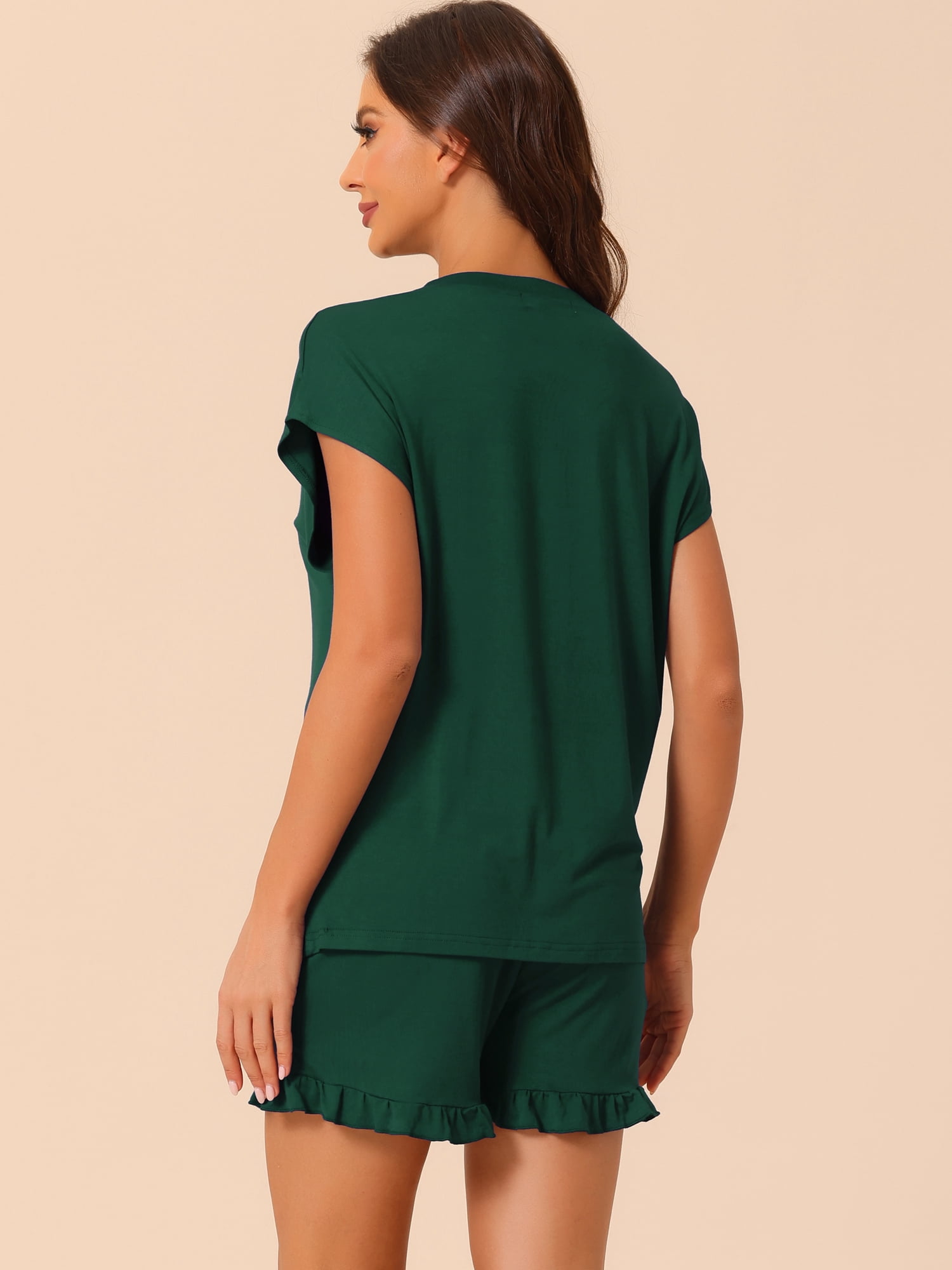 DARING DIVA Women's Lounge Pajamas Short Sleeve Tops with Shorts Pockets S Green