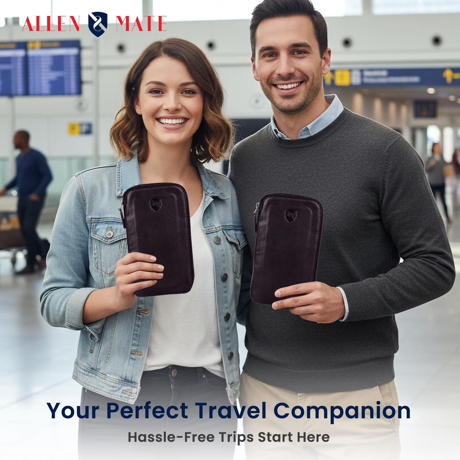 ALLEN & MATE Genuine Leather Phone Pouch Case Sleeve with Zip – Slim Mobile Phone Holder Wallet for Passport ID and Cards Fits iPhone 17 Pro Max, 16, 15 Samsung Galaxy S25 & Android - Brown