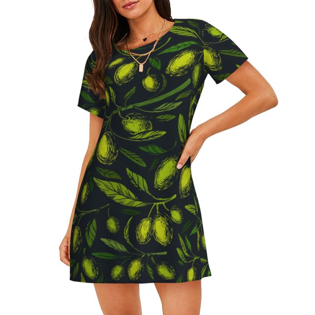 Easygdp Green Branch Olive Camisón de manga corta para mujer, informal, estampado